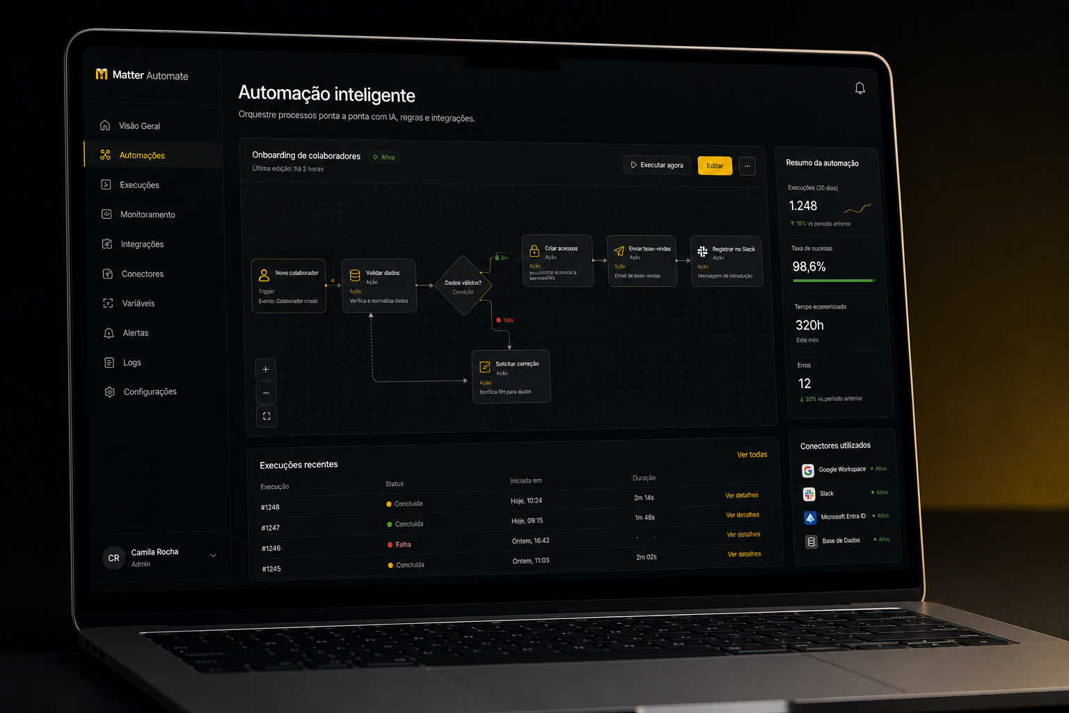 Painel de acompanhamento de automações desenvolvido pela Matter Tech